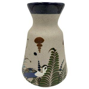 Tonala Mexican Stoneware Pottery Vase Cobalt Rim Birds Butterfly Signed Mateo